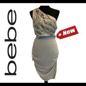 BEBE beige hand beaded one shoulder cutout ruched mini dress Sz M NWT 🔥